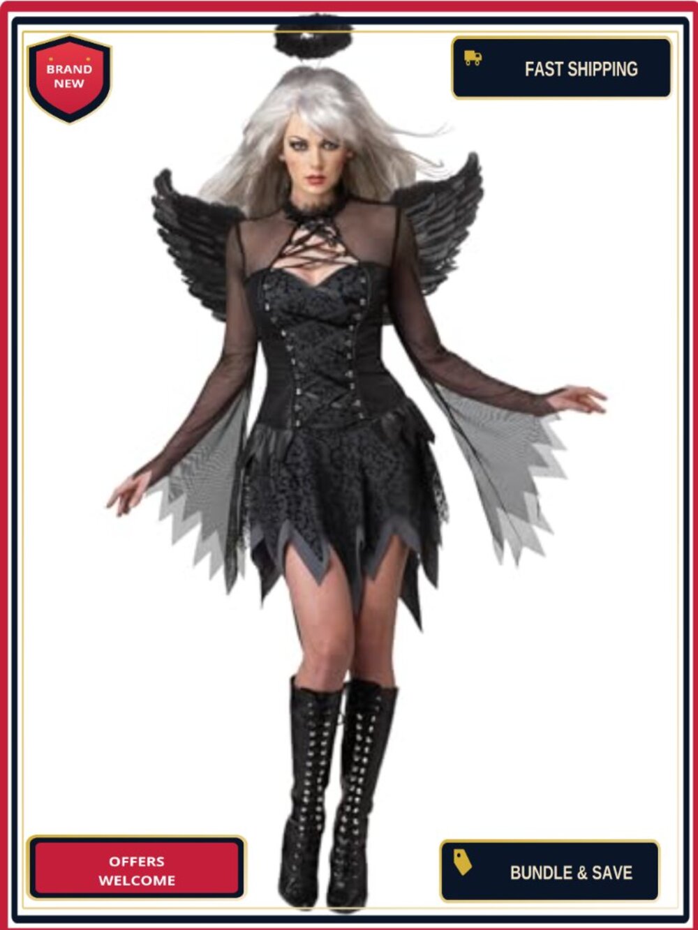 Fallen Angel Costume Dress Wings Halo Cosplay Halloween
